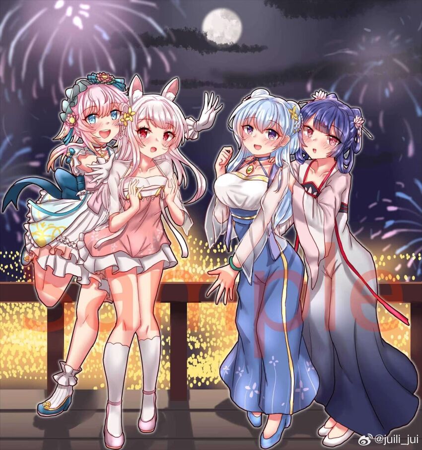 4girls aerial_fireworks alternate_costume animal_ears anshan_(warship_girls_r) blue_eyes blue_hair blush bonnet breasts changchun_(warship_girls_r) chinese_clothes dress fireworks flower full_moon gloves hair_flower hair_ornament hanfu highres jinan_(warship_girls_r) juili_jui large_breasts long_hair moon multiple_girls night official_alternate_hairstyle open_mouth pink_hair purple_eyes purple_hair qixiong_ruqun rabbit_ears red_eyes ruqun smile virtual_youtuber warship_girls_r watermark weibo_watermark yingtan_(warship_girls_r)