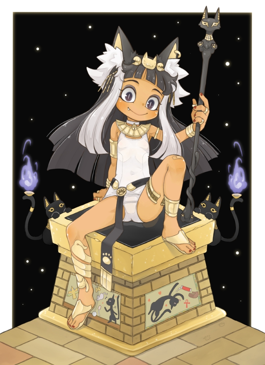 1girl ancient_egyptian animal_ears anklet black_background blush bracelet brown_egyptian_cat-eared_loli_(trend) brown_eyes cat cat_ears closed_mouth fang flat_chest full_body highres jewelry long_hair looking_at_viewer nail_polish one-piece_swimsuit open-toe_shoes original ring simple_background sitting slit_pupils smile solo spread_legs swimsuit thighlet toenail_polish toenails white_one-piece_swimsuit zangetsumaru