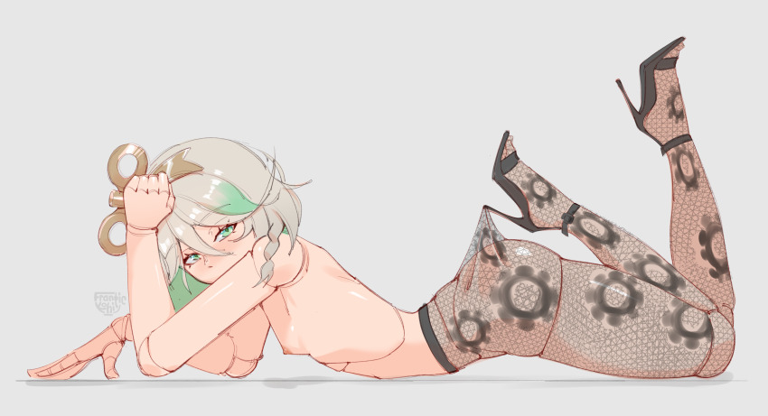 1girl absurdres alternate_costume ass black_pantyhose black_shoes breasts cecilia_immergreen commentary doll_joints english_commentary frantic_(frantickohi) green_eyes green_hair grey_background grey_hair hair_ornament high_heels highres hololive hololive_english joints lace_pantyhose_hooked_on_heel_(meme) looking_at_viewer lying medium_hair meme nipples on_stomach pantyhose shoes simple_background small_breasts solo topless_female variant_set virtual_youtuber winding_key