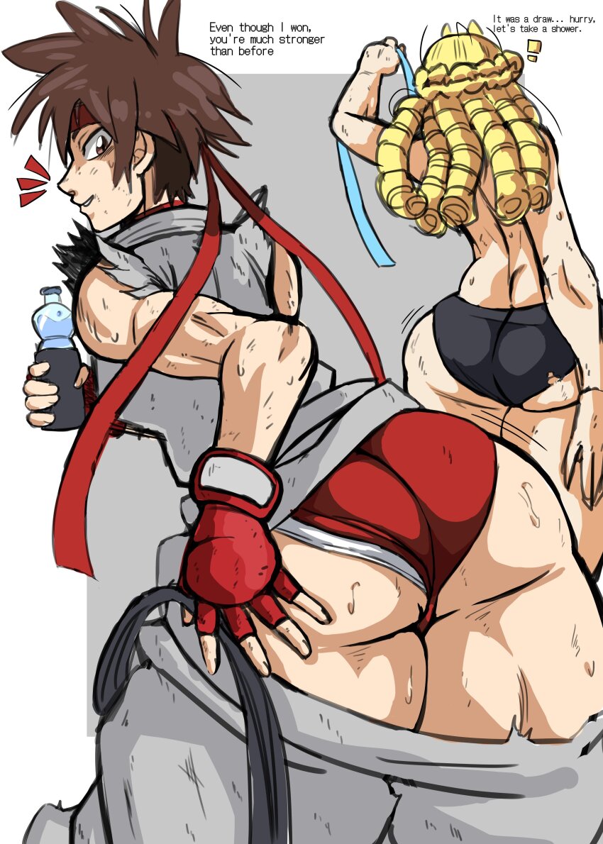 2girls absurdres ass black_panties blonde_hair blue_ribbon bottle brown_eyes brown_hair charge_sol cosplay from_behind highres huge_ass kanzuki_karin kasugano_sakura looking_back multiple_girls panties red_panties red_ribbon ribbon ryu_(street_fighter)_(cosplay) street_fighter underwear
