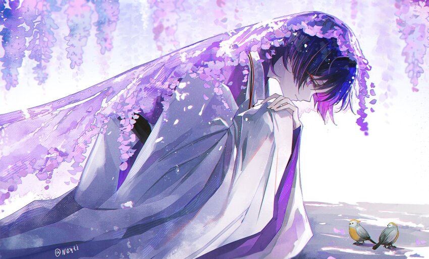 1boy bent_over bird black_hair black_sash blunt_ends closed_mouth clothing_cutout colored_inner_hair expressionless eyeliner eyeshadow finch floral_print_veil from_side genshin_impact highres japanese_clothes kariginu layered_sleeves looking_at_animal looking_down makeup male_focus multicolored_hair neyti_(neytirv) petals_on_ground pink_petals purple_eyes purple_hair purple_sleeves purple_veil red_eyeliner red_eyeshadow sash scaramouche_(genshin_impact) scaramouche_(kabukimono)_(genshin_impact) shoulder_cutout side_cutout sideways_mouth solo string twitter_username veil white_sleeves wide_sleeves