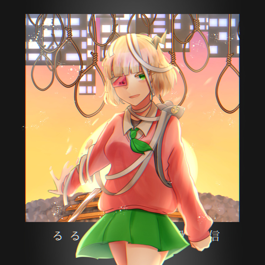 1girl bandaged_head bandages black_horns blonde_hair blunt_bangs breasts cellphone clenched_hand collared_shirt disappear eyepatch green_eyes green_neckerchief green_skirt highres horns light_particles light_smile long_sleeves looking_at_viewer miniskirt neckerchief noose open_collar open_mouth outstretched_arm phone phone_eyepatch pink_sweater pleated_skirt puffy_sleeves railroad_tracks ruru_(shinsei_kamattechan) shinsei_kamattechan shirt short_hair single_horn skirt small_breasts stuffed_animal stuffed_mouse stuffed_toy sunset sweater thighs translation_request user_eduf4534 white_shirt