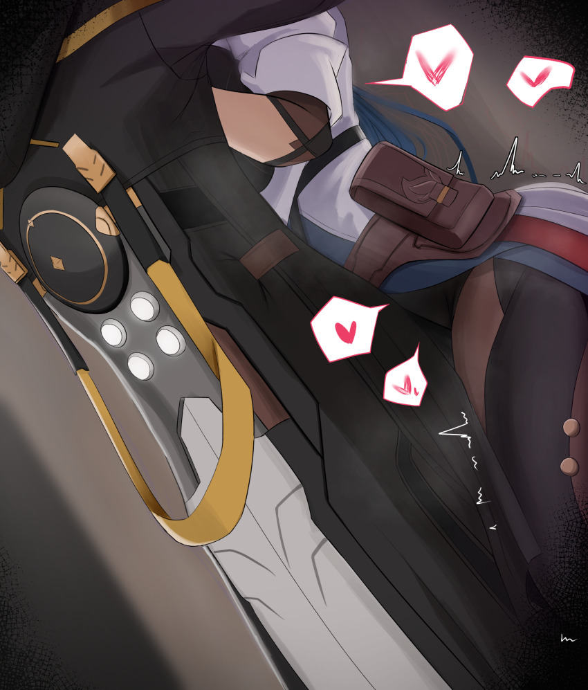 1boy 1girl belt_pouch black_coat caelus_(honkai:_star_rail) coat from_behind hans-kun head_out_of_frame heart highres honkai:_star_rail honkai_(series) hood hooded_coat implied_kiss multicolored_coat natasha_(honkai:_star_rail) pouch speech_bubble trailblazer_(honkai:_star_rail)