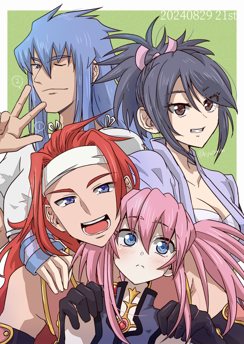 2boys 2girls black_gloves black_hair blue_eyes blush bra breasts brown_eyes chest_jewel cleavage closed_eyes dated fujibayashi_sheena gloves grin hair_between_eyes hands_on_another&#039;s_shoulders headband highres japanese_clothes kiyou_sumomo long_hair looking_at_viewer multiple_boys multiple_girls one_eye_closed open_clothes open_mouth open_shirt pink_hair ponytail presea_combatir purple_shirt red_hair rugal_bernstein shirt short_hair simple_background smile tales_of_(series) tales_of_symphonia underwear v white_headband white_shirt zelos_wilder