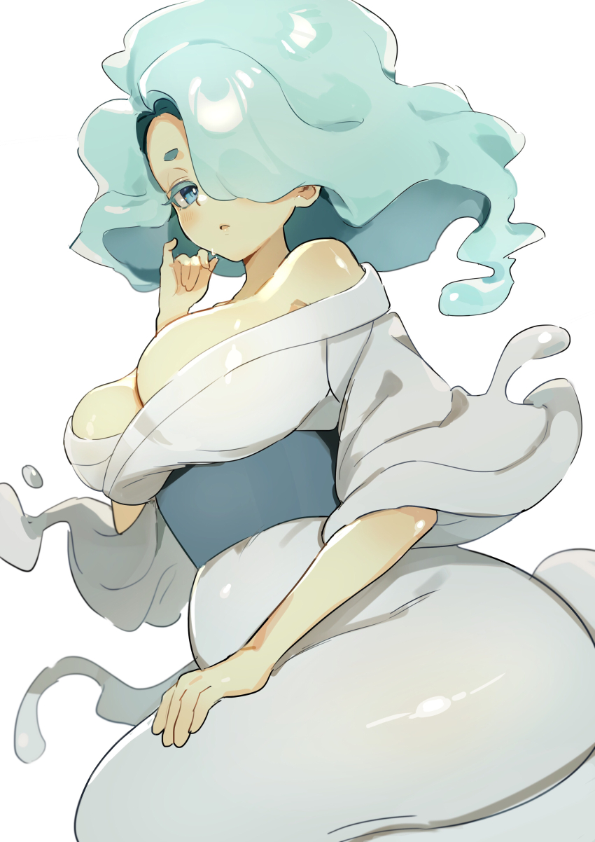 1girl absurdres aqua_eyes aqua_hair bare_shoulders breasts cleavage en&#039;enra enraenra_(youkai_watch) hair_over_one_eye highres japanese_clothes kimono kmnk_(kumanuko) large_breasts long_hair looking_at_viewer monster_girl off_shoulder simple_background solo traditional_youkai white_background youkai_(youkai_watch) youkai_watch