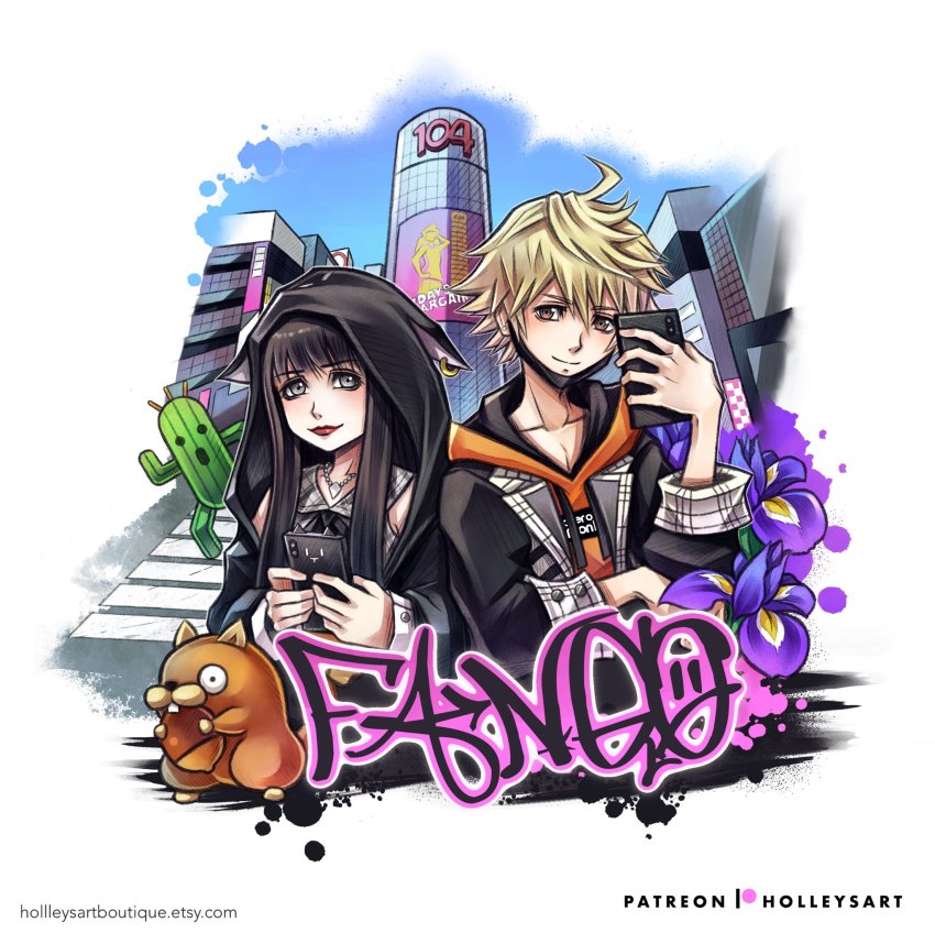 1boy 1girl ahoge animal_ears animal_hood black_coat black_hair black_ribbon blonde_hair brown_eyes building cat_hood cellphone city coat collarbone company_connection dress eyebrows face_mask fake_animal_ears final_fantasy flower graffiti grey_eyes hetero highres hime_cut holding holding_phone hood hoodie kanade_rindo lipstick long_coat long_hair makeup mask messy_hair mouth_mask nutkin orange_hoodie phone plaid_clothes plaid_dress ribbon sabotender sailor_collar sailor_dress sakurane_shoka shin_subarashiki_kono_sekai side-by-side skyscraper smartphone square_enix subarashiki_kono_sekai