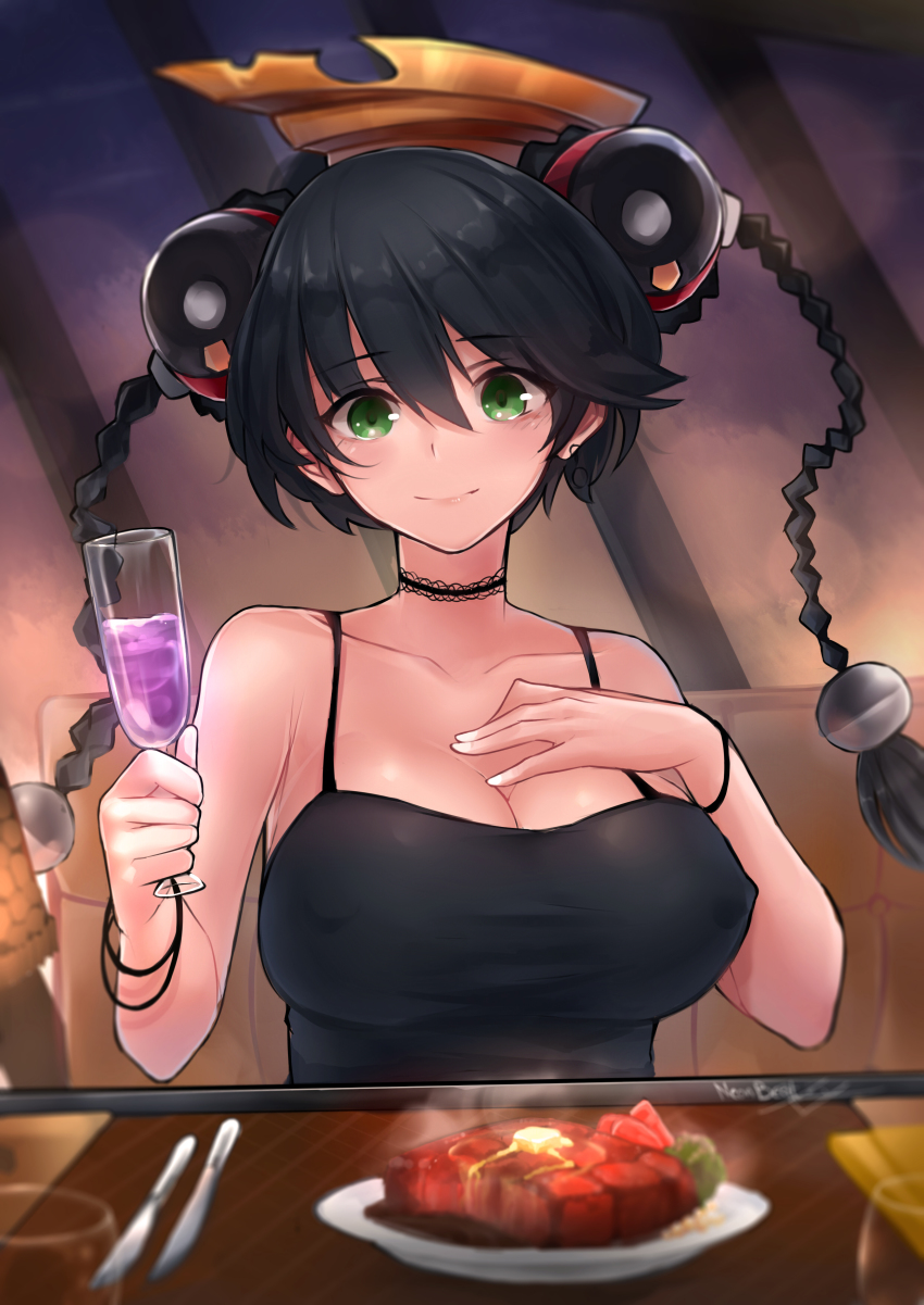 1girl absurdres ar_tonelico black_hair black_shirt blouse bracelet braid breasts champagne_flute choker cleavage closed_mouth collarbone commentary commission covered_erect_nipples cup drinking_glass female_focus food fork green_eyes hair_between_eyes hand_on_own_chest hat highres holding holding_cup holding_drinking_glass jewelry knife large_breasts long_hair looking_at_viewer misha_arsellec_lune neonbeat plate shirt signature smile solo steak table twin_braids