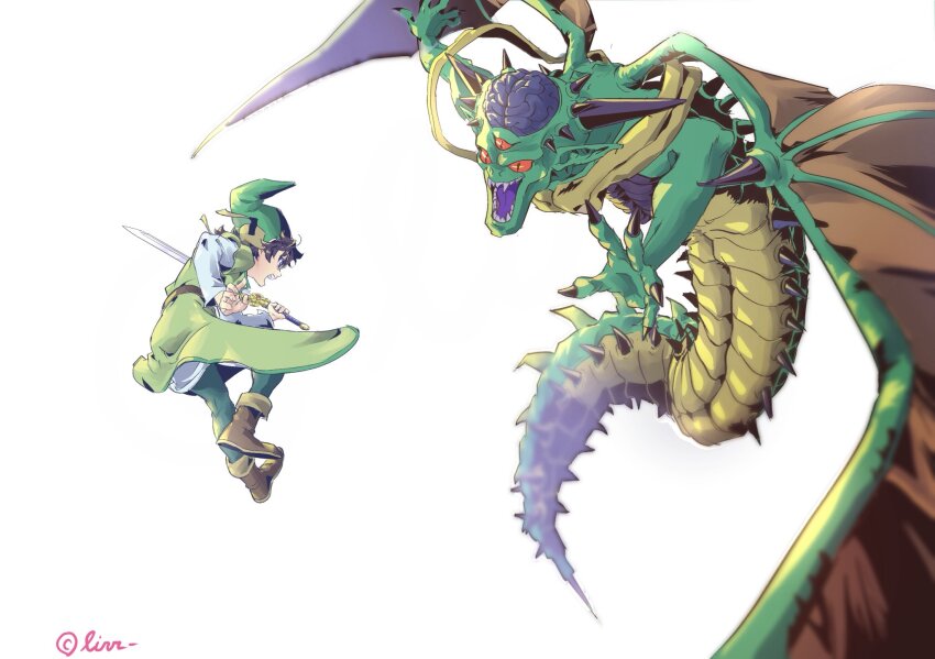 2boys artist_name bat_wings black_hair black_horns blurry boots brown_boots colored_sclera colored_skin colored_tongue commentary_request depth_of_field dragon_quest dragon_quest_vii exposed_brain fingernails floating_clothes floating_hair green_hat green_pants green_skin green_tunic hat hero_(dq7) highres holding holding_sword holding_weapon horns looking_at_another male_focus monster multicolored_skin multiple_boys open_mouth orgo_demira pants pointy_ears profile purple_tongue red_sclera sharp_fingernails sharp_teeth shey93735903 short_hair spikes sword teeth triclops tunic vs weapon white_background white_tunic wings yellow_skin
