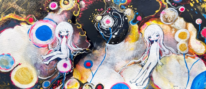2girls abstract_background absurdres blue_eyes colored_skin completely_nude dated highres long_hair looking_at_another multiple_girls nude original painting_(medium) si-ku signature sitting traditional_media very_long_hair white_hair white_skin wide_shot