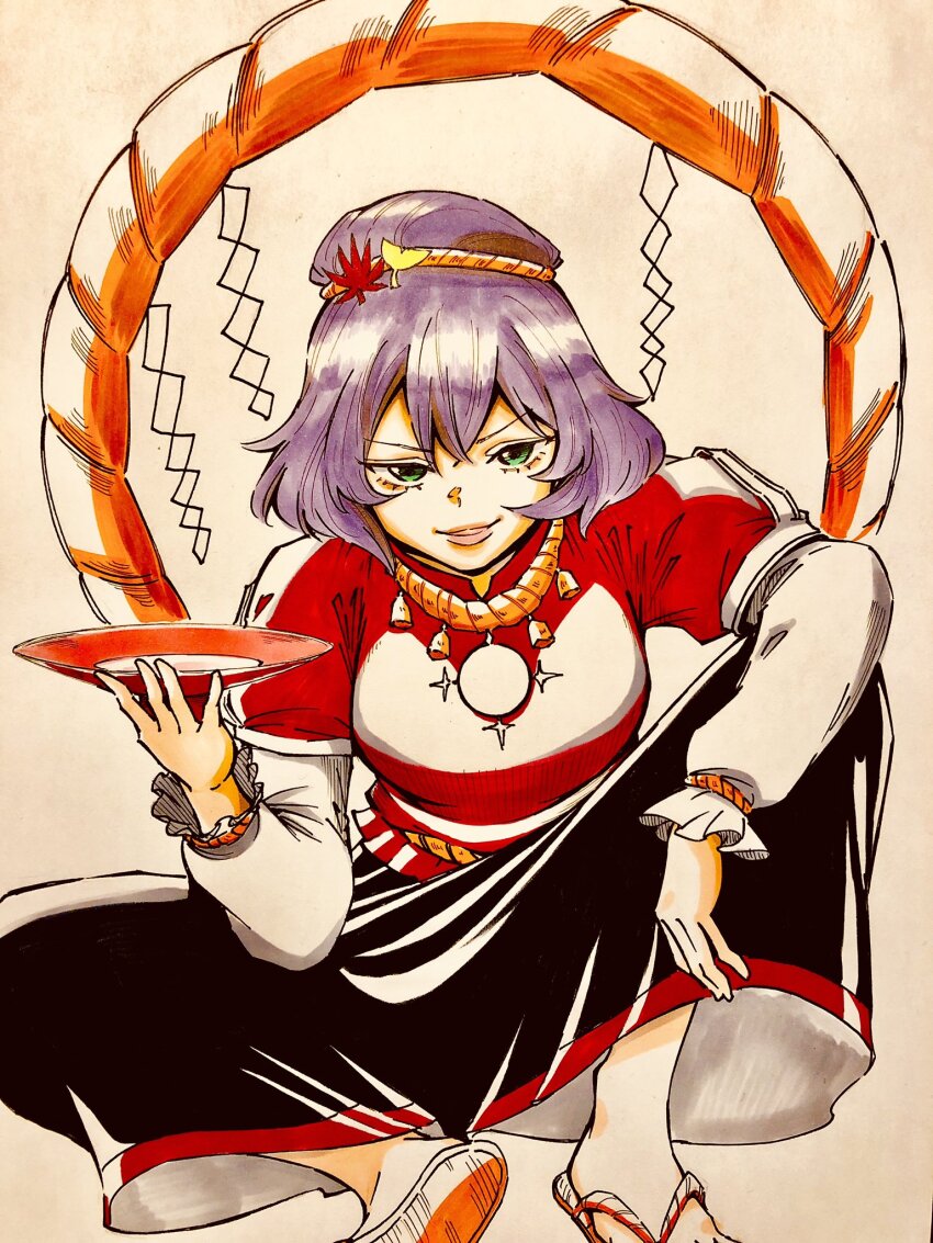 1girl black_skirt breasts brown_sandals commentary_request cup feet_out_of_frame frog_hair_ornament green_eyes hair_ornament highres layered_sleeves leaf leaf_hair_ornament long_sleeves maple_leaf medium_breasts medium_hair mirror onbashira purple_hair red_shirt rope s590220 sakazuki sandals shimenawa shirt short_over_long_sleeves short_sleeves skirt touhou white_sleeves yasaka_kanako