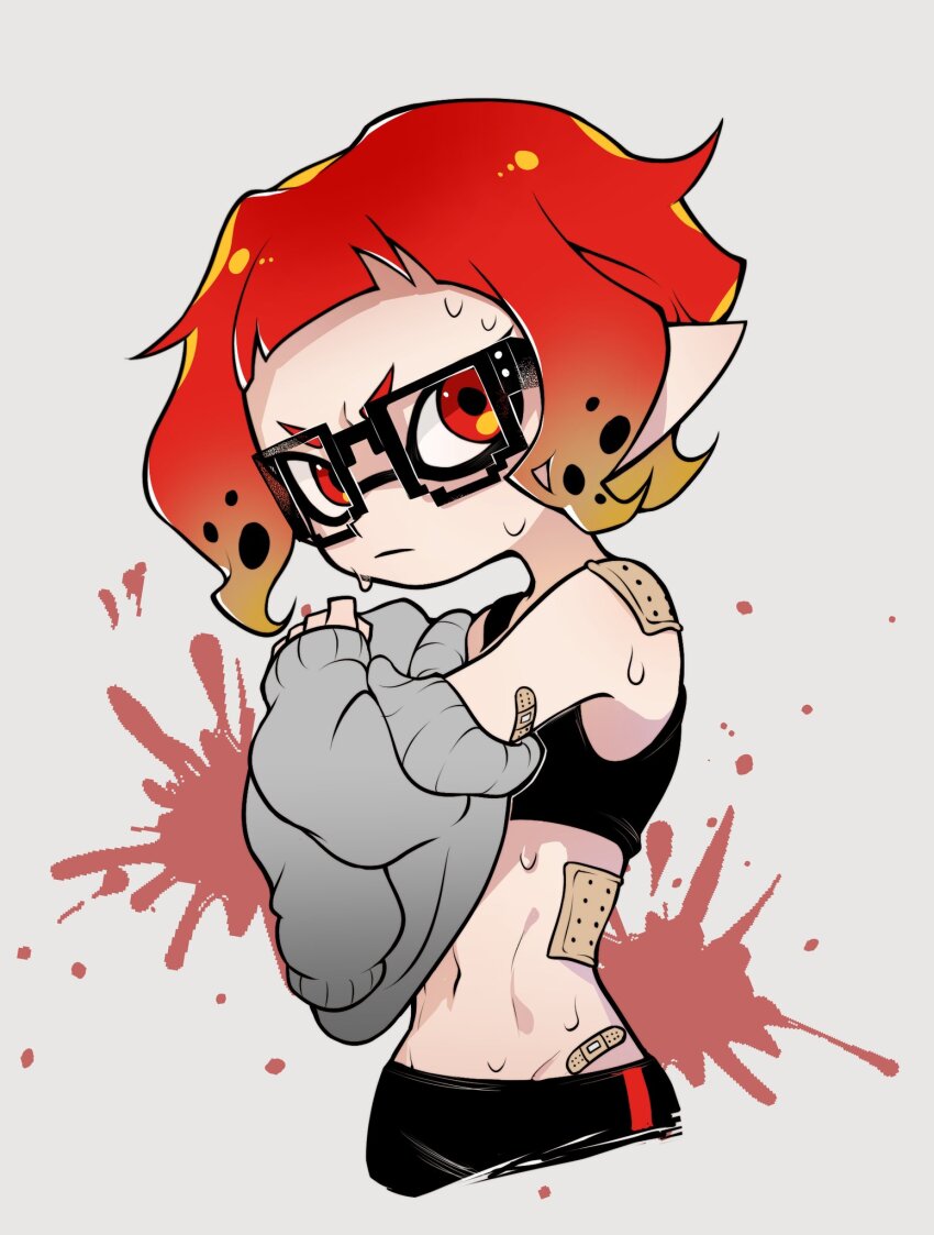 1girl 8-bit_(splatoon) bandaid bandaid_on_arm bandaid_on_shoulder bandaid_on_stomach bike_shorts black-framed_eyewear black_bra black_shorts blonde_hair bra chinese_commentary closed_mouth commentary_request cropped_legs glasses gradient_hair grey_background grey_sweater groin highres inkling liang_cun_rakuna looking_at_viewer multicolored_hair navel nintendo pointy_ears red_eyes red_hair short_hair shorts simple_background solo splatoon_(manga) splatoon_(series) splatter_background stomach sweat sweater tentacle_hair two-tone_hair underwear undressing v-shaped_eyebrows
