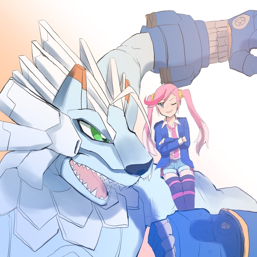 blue_eyes coat digimon highres karan_eri long_hair necktie oujamon pink_hair shorts twintails