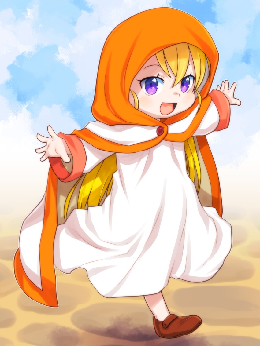 1girl :d blonde_hair blue_background blush brown_shoes claire_(doraemon) cloak commentary_request doraemon highres hood hood_up hooded_cloak long_hair looking_at_viewer open_mouth orange_cloak purple_eyes robe shoes smile solo teruki_kuma walking white_cloak white_robe yellow_background
