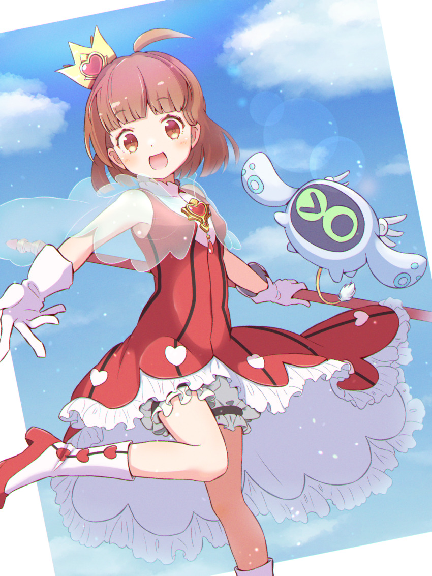 &gt;_o 1girl ahoge atari_(puyopuyo) bloomers blunt_bangs blush brooch brown_eyes cardcaptor_sakura cardcaptor_sakura_clear_card_arc crown dress eyelashes gloves highres holding holding_staff jazz_grace jewelry lens_flare light_particles mini_crown one_eye_closed open_mouth puubot_(puyopuyo) puyopuyo puyopuyo_quest red_dress staff tail underwear white_footwear white_gloves
