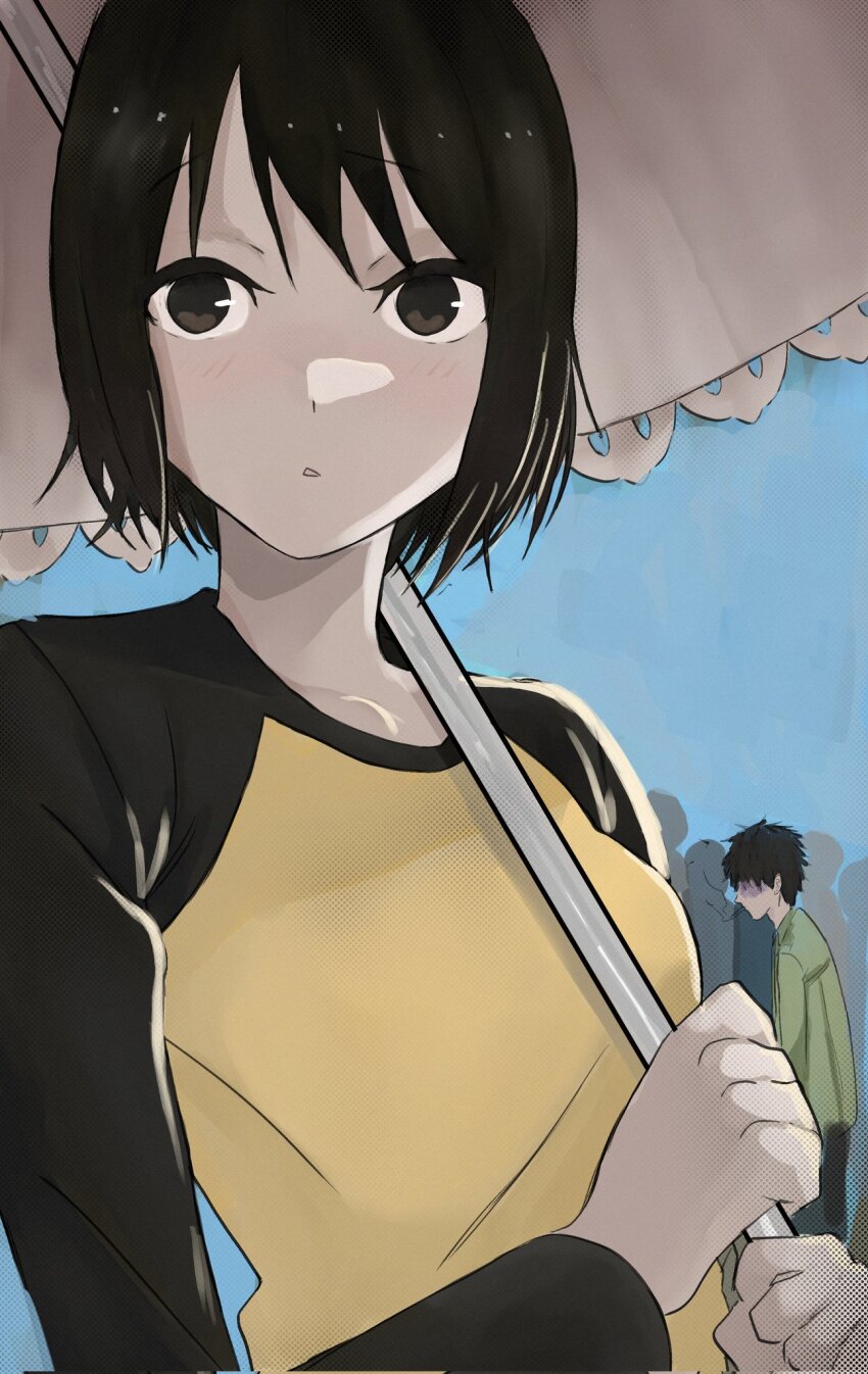1boy 1girl 4others black_hair blue_background brown_eyes cigarette expressionless green_shirt highres holding holding_umbrella kyuusyohouraiji looking_ahead messy_hair multiple_others nakahara_misaki nhk_ni_youkoso! satou_tatsuhiro shirt sketch smoking two-tone_shirt umbrella white_umbrella