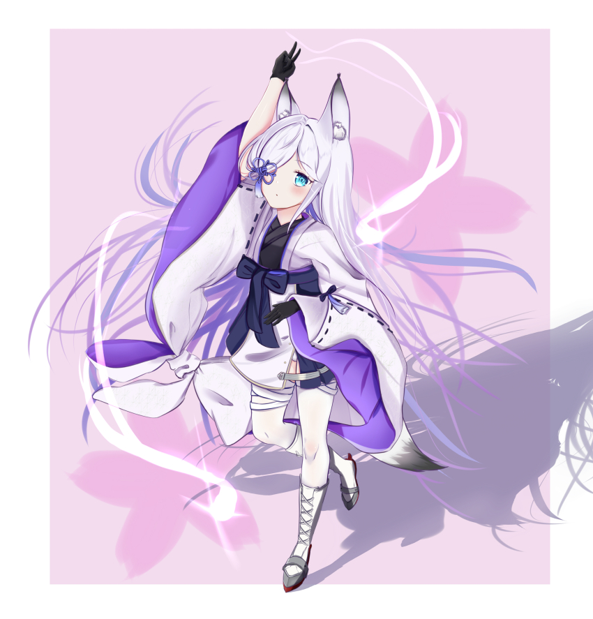 1girl absurdres azur_lane blue_eyes grey_hair highres huge_matsutake japanese_clothes kasumi_(azur_lane) long_hair ribbon-trimmed_sleeves ribbon_trim shoes thighhighs v white_hair white_thighhighs wide_sleeves