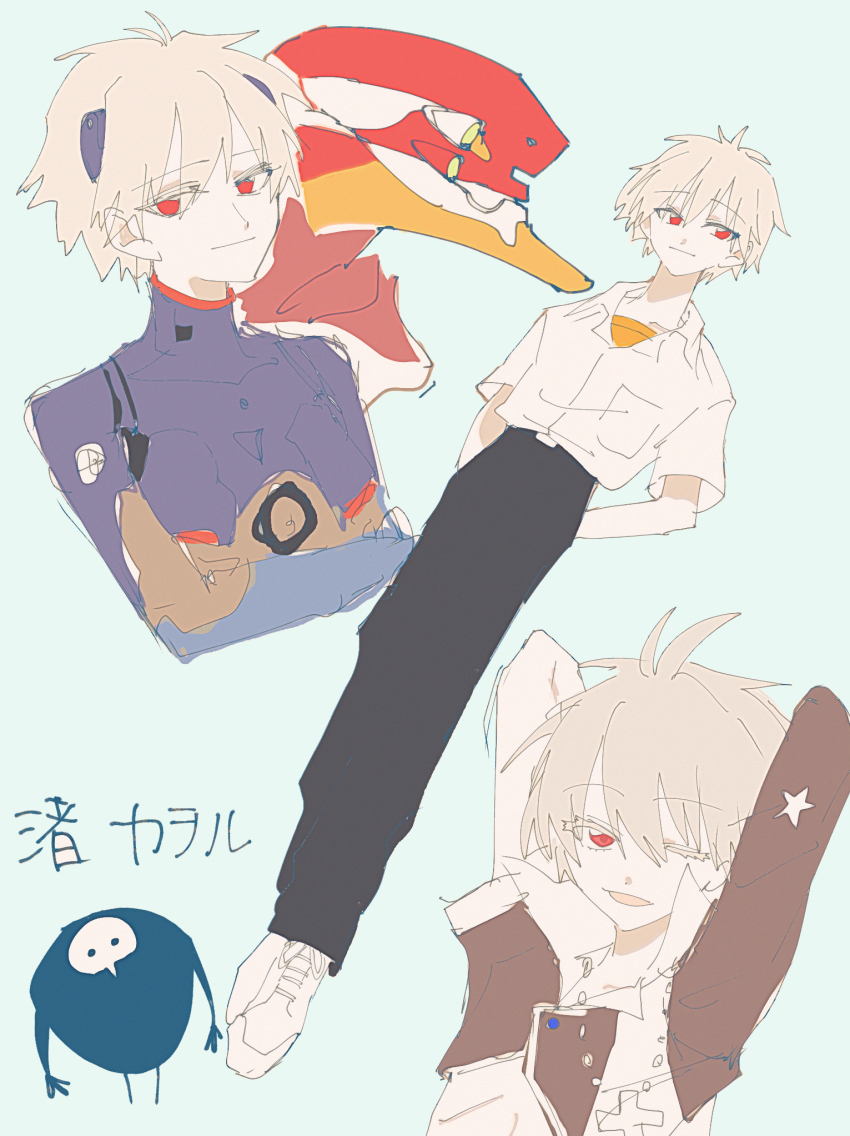 eva_02 highres mecha nagisa_kaworu neon_genesis_evangelion pants red_eyes robot sachiel_(evangelion) school_uniform shoes tagme tokyo-3_middle_school_uniform