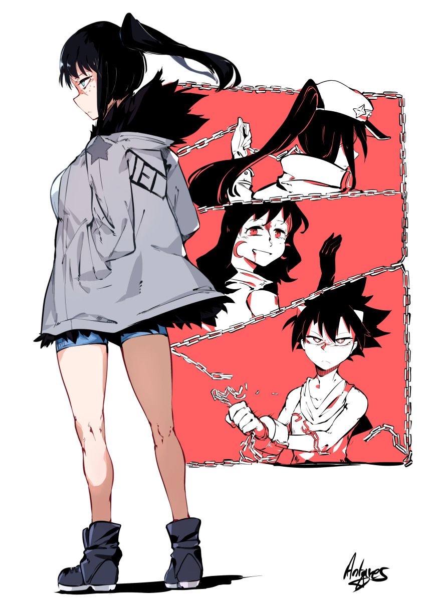 4girls absurdres annoyed antares_topaz aqua_eyes back bare_shoulders black_boots black_fur black_hair blood blood_on_face blood_on_mouth boots breaking chain character_name collarbone crescent crescent_earrings cross-shaped_pupils cuff_links cuffs cygni_boreas_lluminal denim denim_shorts detailed_knuckles earrings english_text expressionless eyepatch freckles fur-trimmed_jacket fur_trim gloom_(expression) gloves grey_jacket hat high_collar highres holding holding_chain horns jacket jet_(star_linker) jewelry kneepits libra_(antares_topaz) long_bangs long_hair looking_at_viewer looking_to_the_side medium_hair military_hat multiple_girls pale_skin patch red_background sanpaku scar scar_on_face scar_on_nose shackles shadow shorts signature spiked_hair spot_color standing star_(symbol) star_linker stella_boreas_athema symbol-shaped_pupils tunic two-tone_background white_background white_gloves