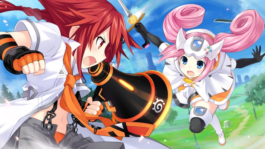 2girls battle boots bow choujigen_taisen_neptune_vs_sega_hard_girls elbow_gloves game_cg game_console gloves hair_ornament highres long_hair multiple_girls neptune_(series) official_art pink_hair red_hair sega_dreamcast sega_dreamcast_(sega_hard_girls) sega_hard_girls speaker sword tennouboshi_uzume tsunako twintails weapon