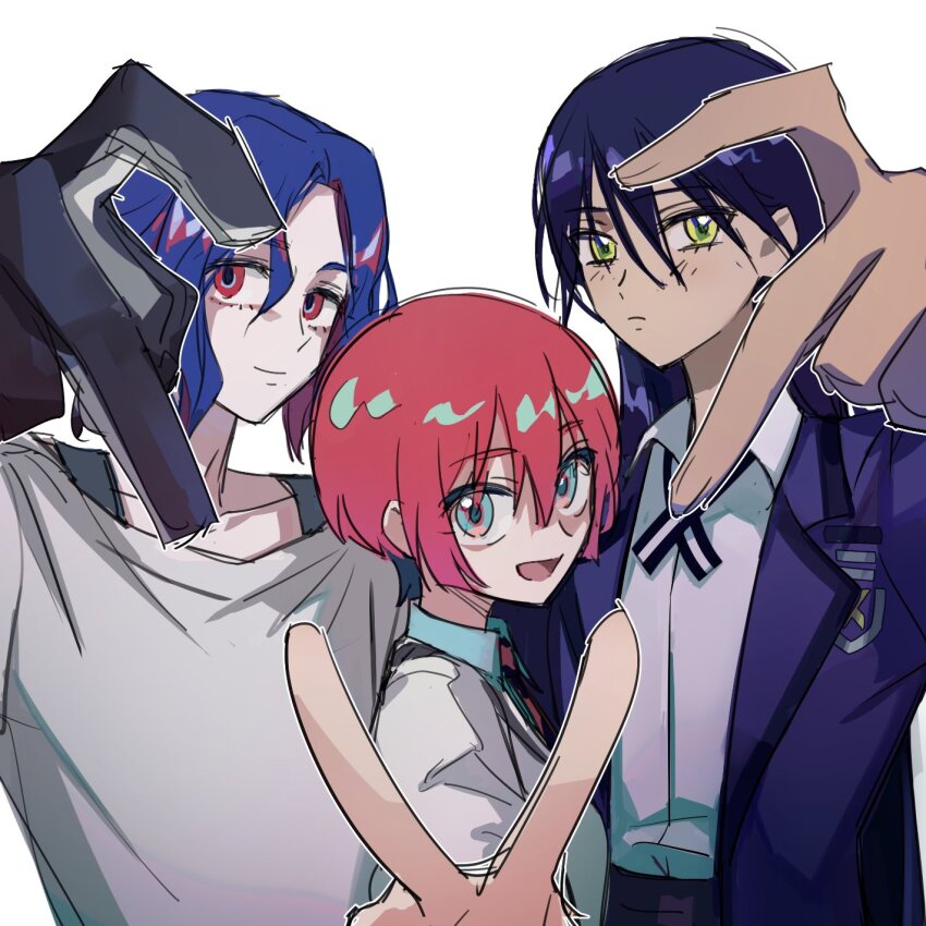 1girl 2girls amate_yuzuriha aqua_eyes blue_hair finger_heart gundam gundam_gquuuuuux highres looking_at_viewer medium_hair multiple_girls nyaan_(gundam_gquuuuuux) red_eyes red_hair salute school_uniform shirt shuji_ito sonnambulo777 two-finger_salute white_background white_shirt