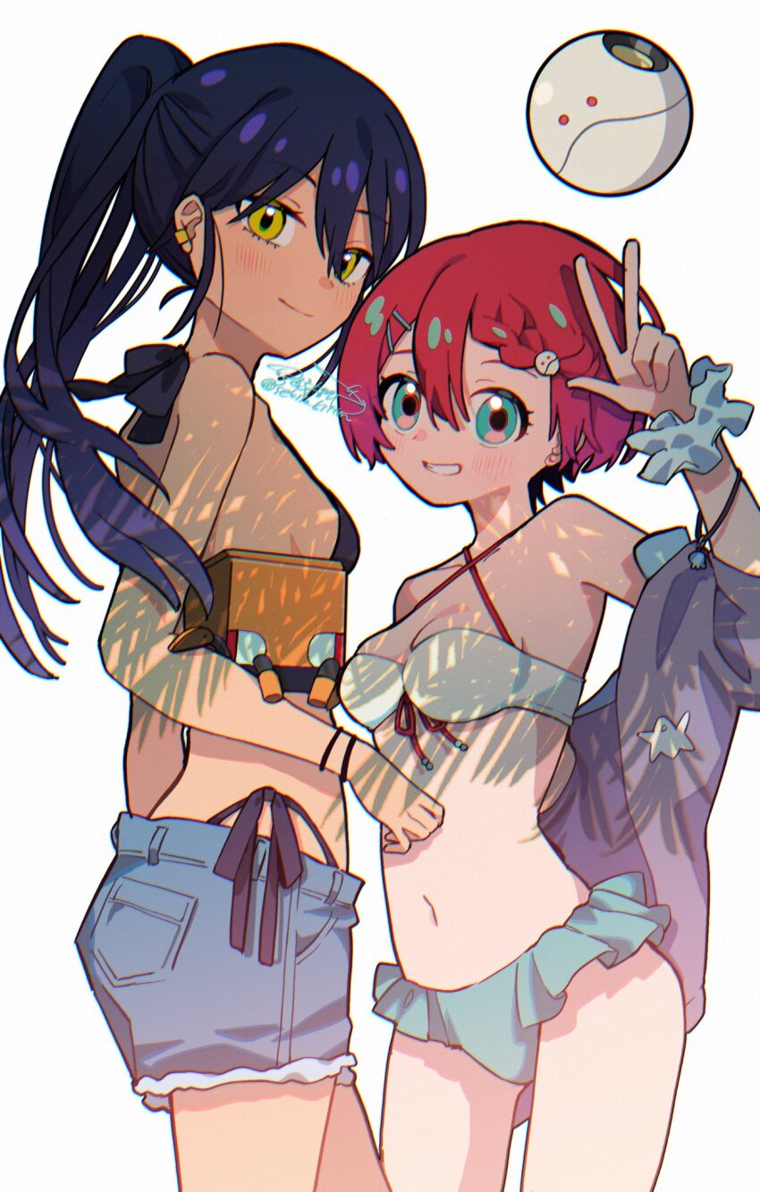 2girls amate_yuzuriha aqua_eyes bikini blush breasts cleavage commentary_request conch_(gundam) cowboy_shot denim denim_shorts gundam gundam_gquuuuuux haro highres kitton_(hekiku13) long_hair multiple_girls non-humanoid_robot nyaan_(gundam_gquuuuuux) open_mouth ponytail purple_hair red_hair robot short_hair shorts simple_background small_breasts smile swimsuit w white_background yellow_eyes