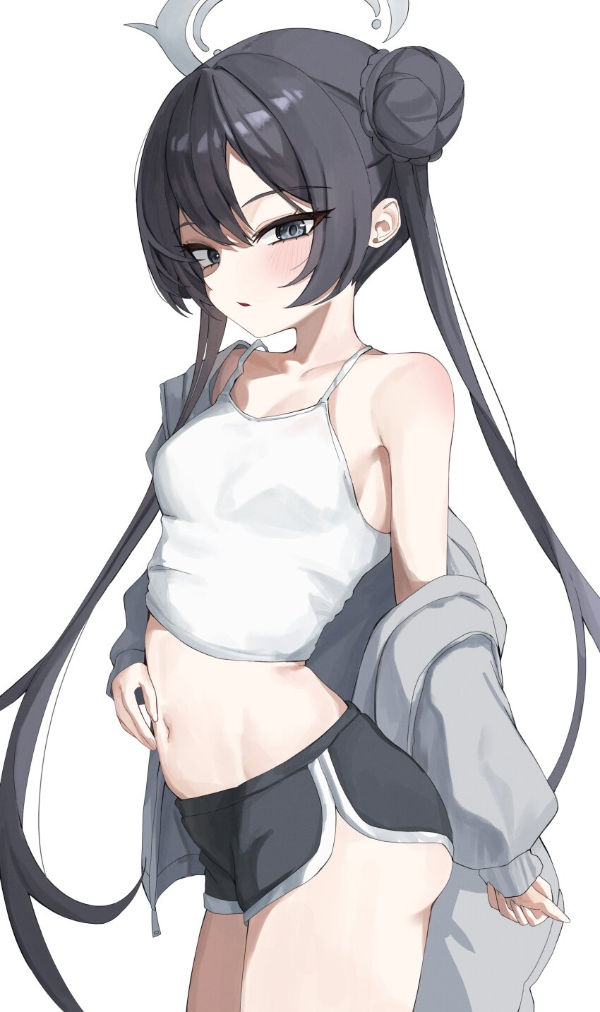 1girl absurdres alternate_costume ass bare_shoulders black_hair black_shorts blue_archive blush breasts camisole dolphin_shorts grey_eyes grey_halo hair_bun halo hand_on_own_stomach highres kisaki_(blue_archive) loli long_hair looking_at_viewer navel parted_lips rosu_1109 shorts simple_background single_off_shoulder small_breasts solo stomach white_background white_camisole