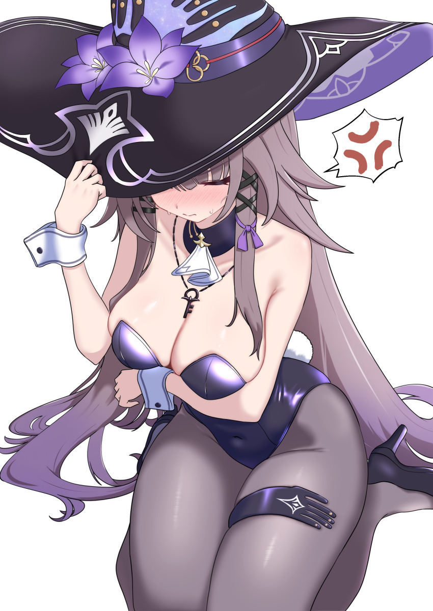 1girl absurdres alternate_costume anger_vein arm_under_breasts ascot bare_shoulders black_hat black_pantyhose black_shoes blush breasts brown_hair closed_eyes collarbone commentary hair_spread_out hat herta_(honkai:_star_rail) high_heels highres honkai:_star_rail honkai_(series) jewelry key key_necklace large_breasts leotard long_hair necklace oldsickkim pantyhose purple_leotard seiza shoes simple_background sitting solo spoken_anger_vein strapless strapless_leotard sweatdrop the_herta_(honkai:_star_rail) white_ascot white_background witch_hat wrist_cuffs