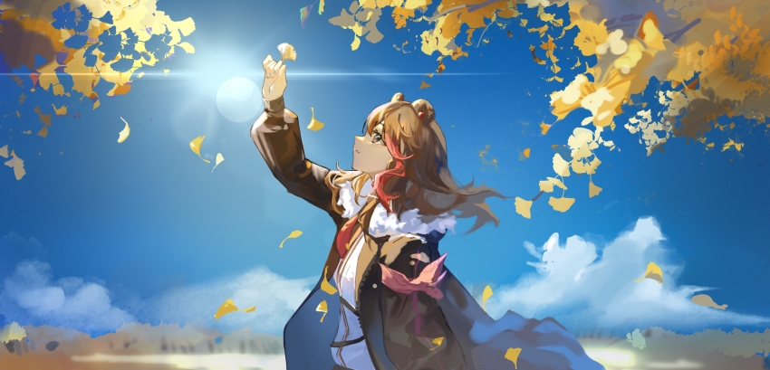 1girl absurdres animal_ears arknights arm_up blue_sky brown_eyes brown_hair brown_jacket chinese_commentary commentary_request day highres holding holding_leaf jacket leaf lens_flare long_hair long_sleeves looking_up multicolored_hair outdoors outstretched_arm parted_lips profile red_hair sketch_background sky solo streaked_hair sunlight wind wudianduo068 zima_(arknights)