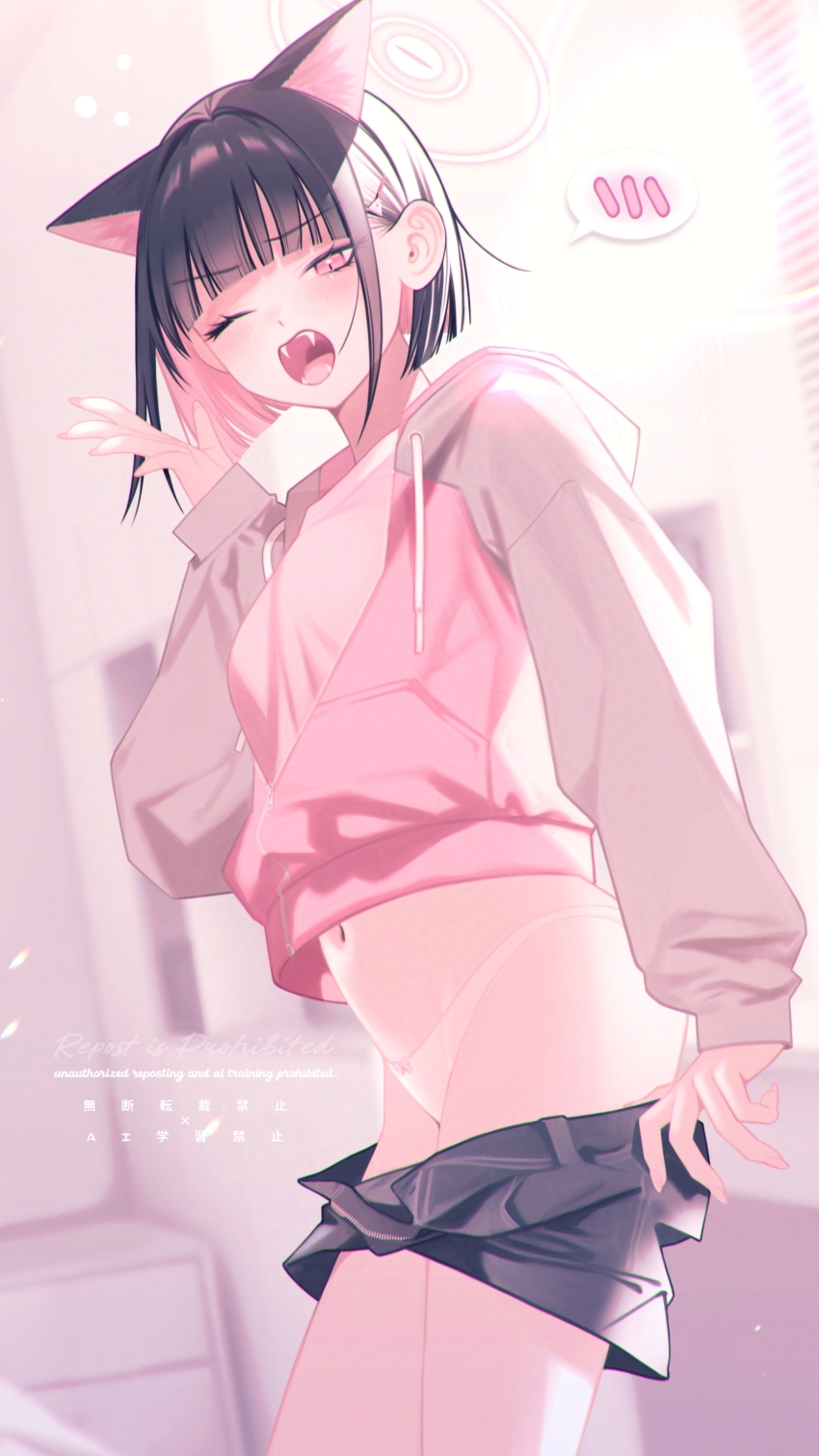 1girl absurdres animal_ears artist_name black_hair black_shorts blue_archive blush bow bow_panties breasts cat_ears colored_inner_hair extra_ears fangs fingernails hair_behind_ear hair_ornament hairclip halo highres hood hoodie indoors kazusa_(blue_archive) long_sleeves looking_at_viewer medium_hair multicolored_hair nagata_shuu nail_polish navel one_eye_closed open_mouth panties pink_eyes pink_hair pink_halo pink_hoodie pink_nails pink_panties shorts solo spoken_blush stomach thighs two-tone_hair underwear