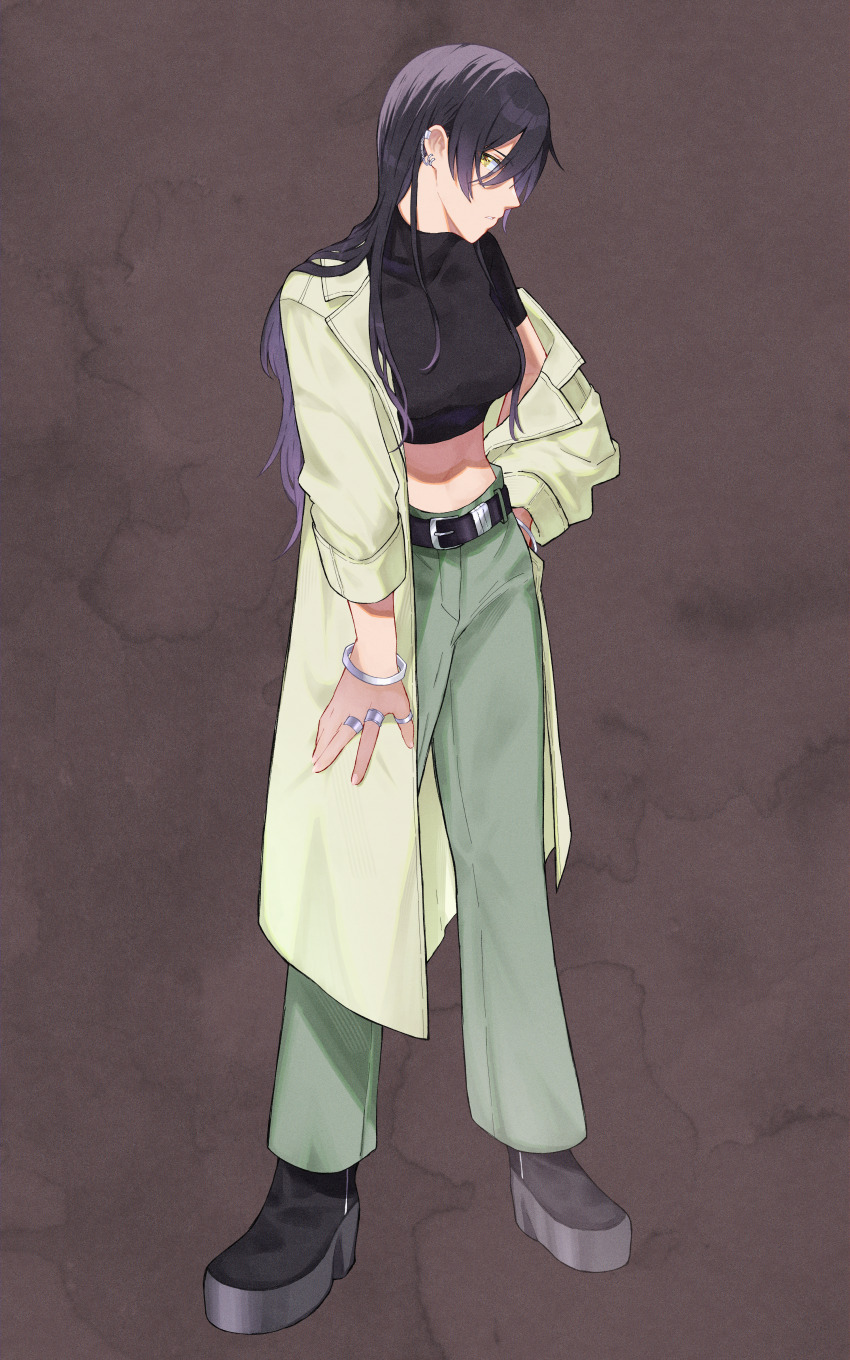 1girl 965ma_mogumogu absurdres bangle belt black_background black_hair black_shirt black_shoes bracelet breasts brown_background coat coat_partially_removed commentary crop_top denim ear_piercing eyelashes full_body green_coat green_pants hair_between_eyes hair_down hand_on_own_hip highres idolmaster idolmaster_shiny_colors jeans jewelry large_breasts long_hair looking_at_viewer multiple_rings official_alternate_costume open_clothes open_coat pants parted_lips piercing platform_heels ring shirase_sakuya shirt shoes short_sleeves silver_bangle simple_background single_off_shoulder solo teeth turtleneck yellow_eyes