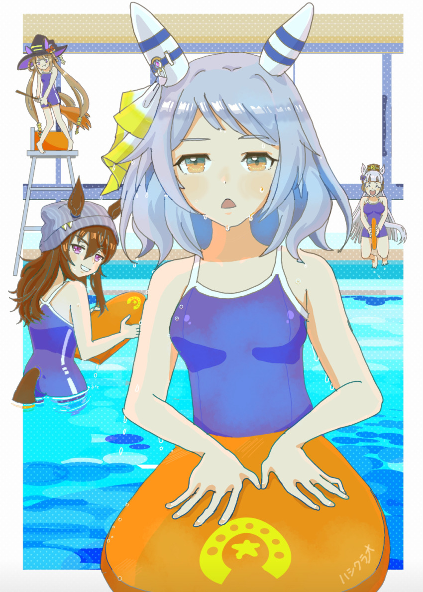4girls black_hat blue_one-piece_swimsuit border bow breasts cleavage commentary_request competition_school_swimsuit ear_bow ear_covers ear_ornament ears_through_headwear gold_ship_(umamusume) gradient_eyes hashikurao hat highres hishi_miracle_(umamusume) horse_girl indoors jumping kickboard medium_breasts multicolored_eyes multiple_girls nakayama_festa_(umamusume) one-piece_swimsuit open_mouth outside_border pool purple_bow school_swimsuit sweep_tosho_(umamusume) swimsuit tracen_swimsuit umamusume upper_body water wet white_border