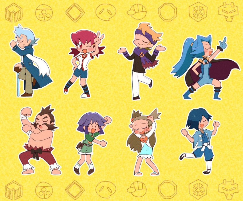 3girls 5boys :d ;d ^_^ black_sweater blonde_hair blue_hair blush bodysuit brown_footwear brown_hair bugsy_(pokemon) buttons cane chuck_(pokemon) clair_(pokemon) closed_eyes closed_mouth coat dress facial_hair falkner_(pokemon) gloves green_shirt green_shorts hair_over_one_eye hands_up happy headband jacket jasmine_(pokemon) kuwagata_zaurus leg_up long_hair long_sleeves morty_(pokemon) multiple_boys multiple_girls mustache nintendo one_eye_closed open_mouth outline pants pokemon pokemon_hgss ponytail pryce_(pokemon) purple_hair purple_headband purple_scarf sandals scarf shirt shoes short_hair short_sleeves shorts shrugging smile socks striped_clothes striped_socks sweatdrop sweater topless_male twintails two_side_up white_jacket white_pants white_scarf whitney_(pokemon) wrist_wrap yellow_background