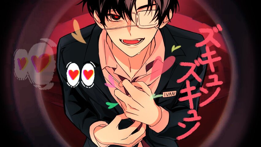 1boy alien_stage black_eyes black_hair black_jacket black_necktie blush character_name clutching_chest collared_shirt commentary eyepatch fang hashtag-only_commentary heart highres ivan_(alien_stage) jacket male_focus medical_eyepatch monitoring_(vocaloid) name_tag necktie nyugi0v0 one_eye_covered open_mouth pov_peephole red_pupils shirt short_hair smile solo very_short_hair white_shirt