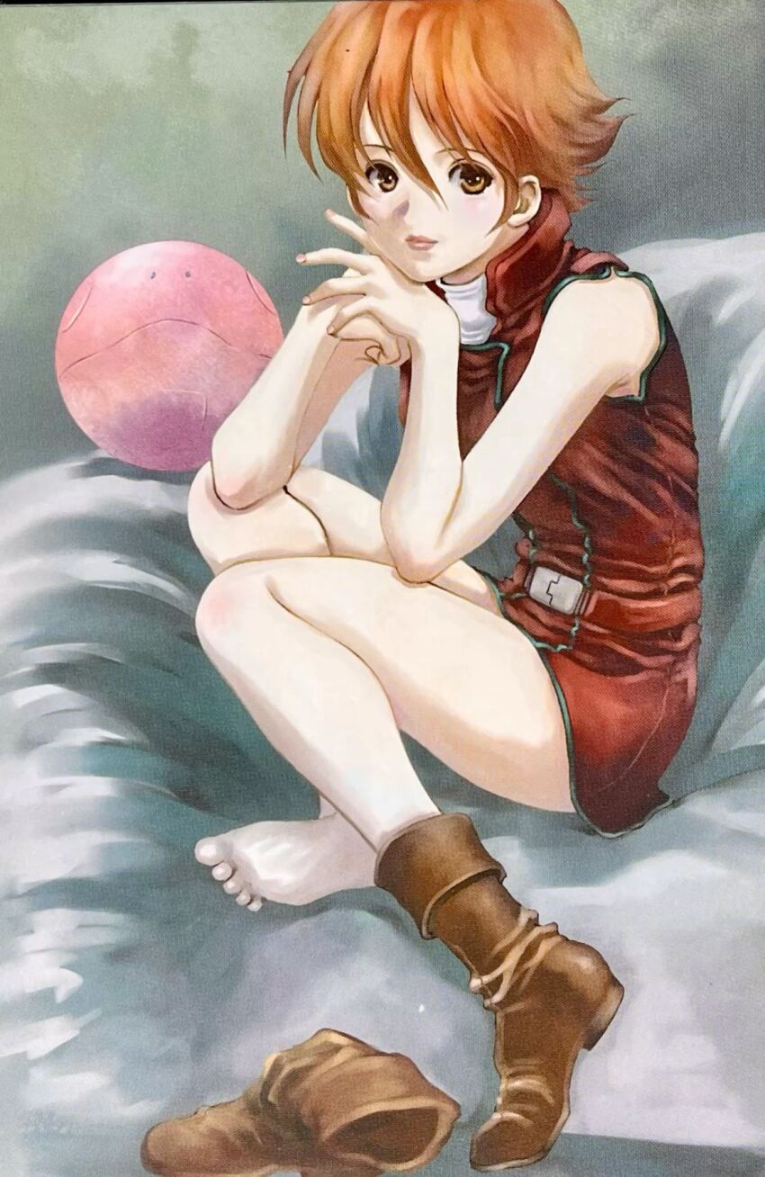 1girl aeug aged_up asuna_elmarit bare_shoulders barefoot bed bed_sheet belt boots brown_eyes brown_hair ecole_du_ciel gundam haro highres looking_at_viewer lying mikimoto_haruhiko military_uniform miniskirt official_art promotional_art resting robot scan science_fiction sitting skirt spoilers traditional_media undressing vest