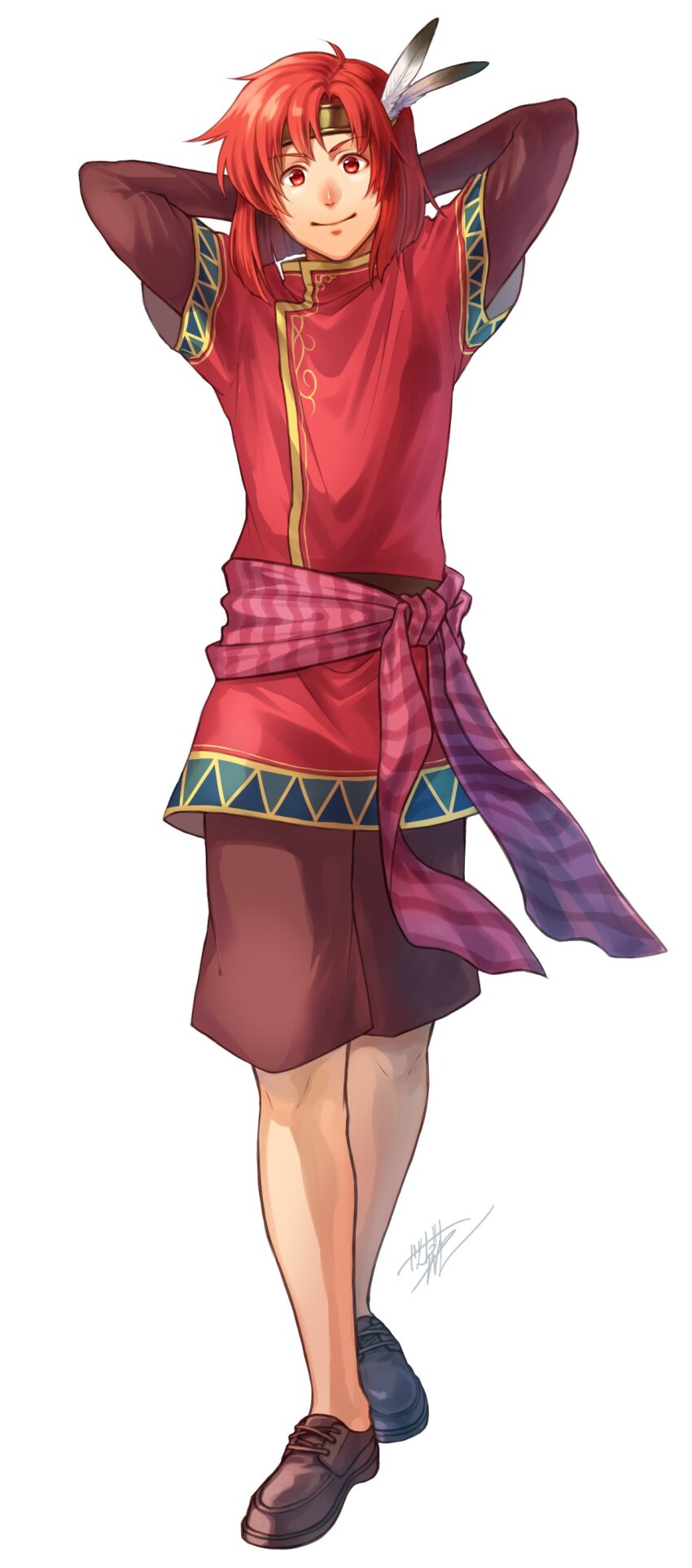1boy absurdres arms_behind_back brown_footwear closed_mouth feathers fire_emblem fire_emblem:_new_mystery_of_the_emblem fire_emblem:_shadow_dragon full_body headband highres jandara_rin nintendo red_eyes red_hair smile xane_(fire_emblem)