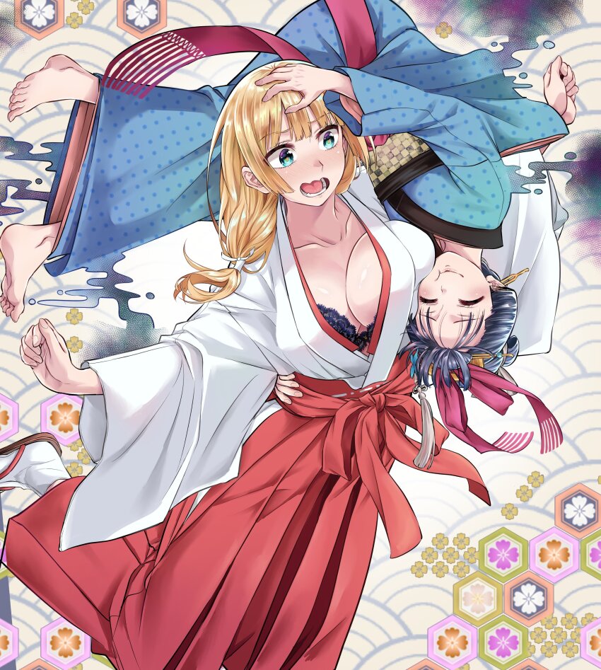 2girls absurdres barefoot black_bra black_hair blue_kimono blush bra bra_peek breasts cheek-to-breast closed_eyes closed_mouth collarbone commentary_request green_eyes hakama hakama_skirt hand_on_another&#039;s_head hand_on_another&#039;s_waist highres japanese_clothes kimono kosode lace lace-trimmed_bra lace_trim large_breasts long_hair long_sleeves low-tied_long_hair lower_teeth_only miko multiple_girls okiku-san_wa_ichatsukitai okiku_(yunochiri04) open_mouth polka_dot polka_dot_kimono red_hakama ryouyou_hijiri seigaiha skirt teeth underwear unmoving_pattern upside-down yuinochiri04