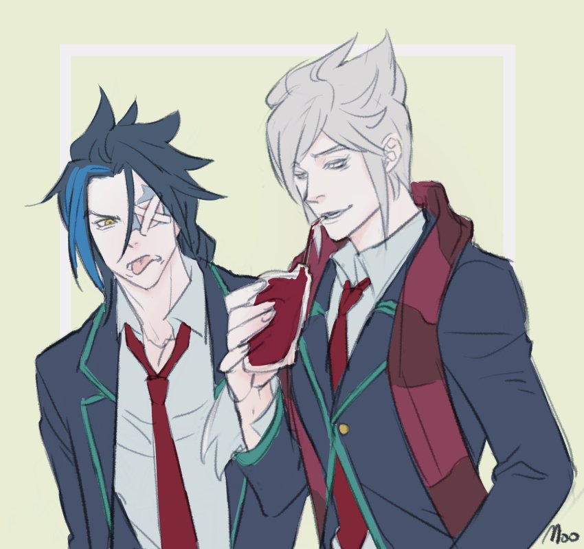 2boys academy_vladimir alternate_costume bad_id bad_twitter_id bag black_hair blood blood_bag blue_hair disgust drinking drinking_straw eyepatch fingernails grey_hair highres holding holding_bag kayn_(league_of_legends) league_of_legends long_hair looking_at_another lower_teeth_only male_focus moo5525 multicolored_hair multiple_boys necktie parted_lips red_neckwear red_scarf scarf school_uniform signature sketch smile striped_clothes striped_scarf teeth tongue tongue_out upper_body vladimir_(league_of_legends) white_eyes yellow_eyes