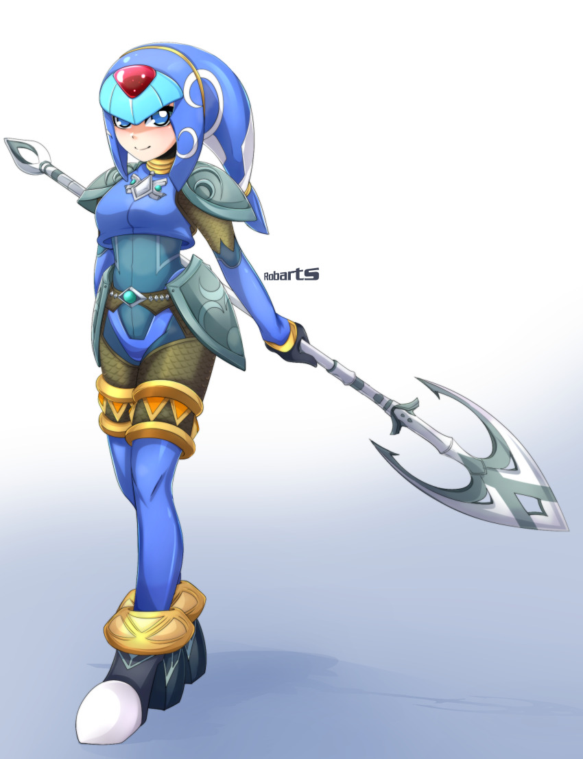 1girl absurdres android armor artist_name axasempai black_gloves blue_eyes blush bodysuit boots breasts cosplay full_body gloves helmet highres holding holding_polearm holding_weapon fairy_leviathan_(mega_man) looking_at_viewer medium_breasts mega_man_(series) mega_man_zero_(series) nintendo polearm robot robot_girl shoulder_armor smile solo spear the_legend_of_zelda the_legend_of_zelda:_breath_of_the_wild thigh_boots thighhighs weapon