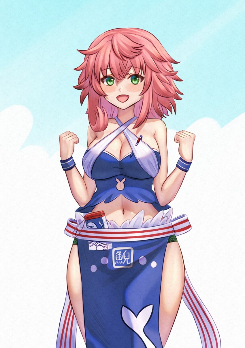 1girl absurdres animal_print apron asymmetrical_hair blue_apron blush breasts cleavage commentary cowboy_shot criss-cross_halter fish_print green_eyes halterneck highres looking_at_viewer medium_hair mikotouca navel okunoda_miyoi okunoda_miyoi_(waitress_of_beach_house_kourindou) open_mouth pink_hair smile solo touhou touhou_lostword variant_set whale_print