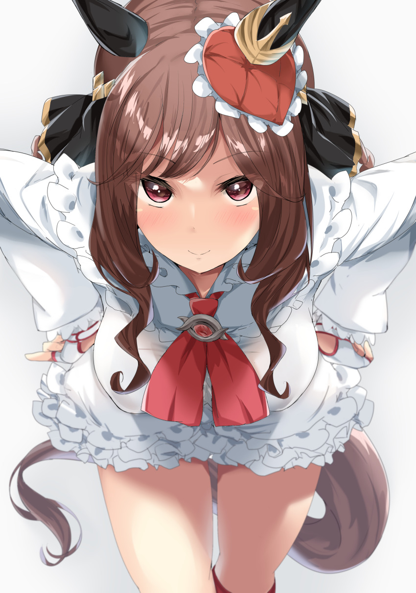 1girl absurdres alternate_costume animal_ears ascot blush breasts brown_hair closed_mouth commentary_request dress ear_covers ear_ornament feet_out_of_frame gentildonna_(umamusume) hair_between_eyes hands_on_own_hips highres horse_ears horse_girl horse_tail large_breasts leaning_forward long_hair long_sleeves nagisa_(imizogami) red_ascot red_eyes simple_background smile solo tail umamusume walnut white_background white_dress
