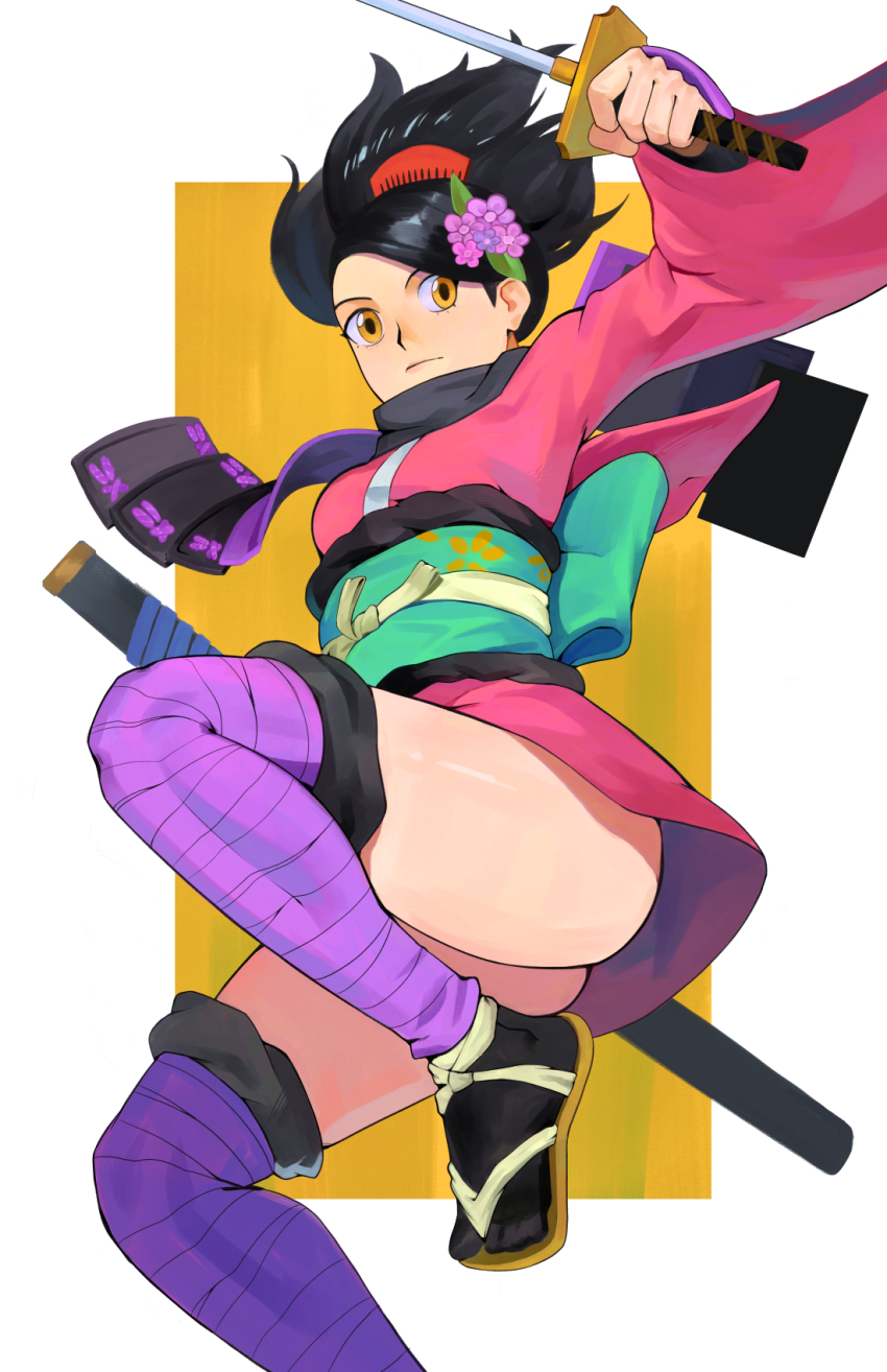 1girl ass black_hair breasts flower hair_flower hair_ornament highres japanese_clothes kimono long_sleeves medium_breasts medium_hair momohime oboro_muramasa sandals socks the_evanjer thighs yellow_eyes