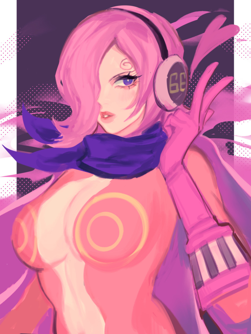 1girl 8h_kt absurdres breasts cleavage commentary_request curly_eyebrows dress eyelashes gloves hair_over_one_eye headphones heart highres looking_to_the_side medium_hair neckerchief one_piece pink_dress pink_gloves pink_hair pink_lips pink_theme plunging_neckline purple_eyes purple_neckerchief solo upper_body vinsmoke_reiju