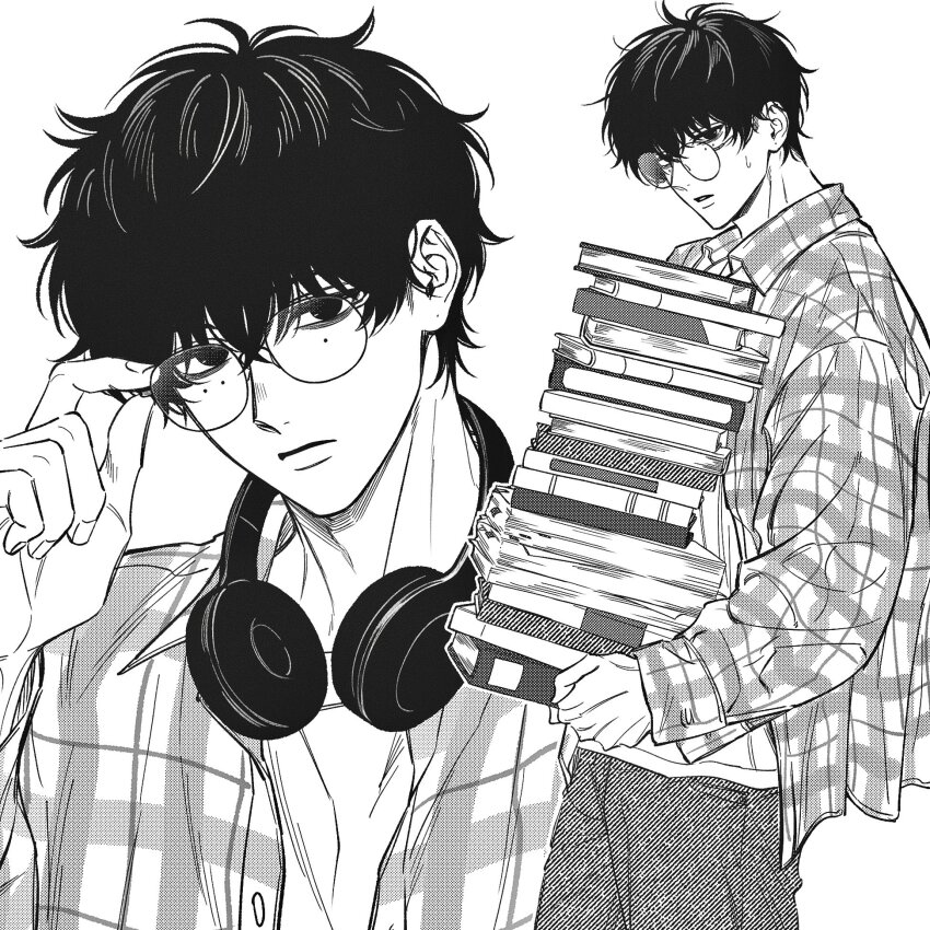 1boy adjusting_eyewear book book_stack closed_mouth commentary expressionless fingernails from_side glasses greyscale grid_print hand_up head_tilt headphones headphones_around_neck highres holding holding_book jitome kuroiisana looking_at_viewer male_focus mole mole_under_eye monochrome multiple_moles multiple_views open_clothes open_shirt pants parted_lips sakamoto_days seba_mafuyu shirt_under_shirt short_hair simple_background sweatdrop symbol-only_commentary wavy_hair white_background