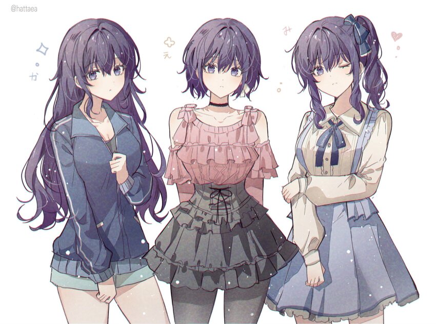 1girl akiyama_mizuki akiyama_mizuki_(cosplay) arms_behind_back asahina_mafuyu black_choker black_pantyhose black_ribbon black_shirt black_skirt blue_bow blue_bowtie blue_jacket blue_shorts blue_skirt bob_cut borrowed_hairstyle bow bowtie breasts choker clothing_cutout collarbone cosplay cowboy_shot frilled_shirt frilled_skirt frills hair_between_eyes hair_bow hand_on_own_arm hattaea heart high-waist_skirt highres jacket jirai_kei korean_commentary large_breasts long_hair long_sleeves looking_at_viewer miniskirt multiple_persona one_eye_closed pantyhose partially_unzipped pink_ribbon pink_shirt project_sekai purple_eyes purple_hair ribbon shinonome_ena shinonome_ena_(cosplay) shirt shirt_tucked_in short_hair shorts shoulder_cutout side_ponytail sidelocks skirt standing star_(symbol) suspender_skirt suspenders twitter_username white_background white_bow white_shirt yoisaki_kanade yoisaki_kanade_(cosplay)