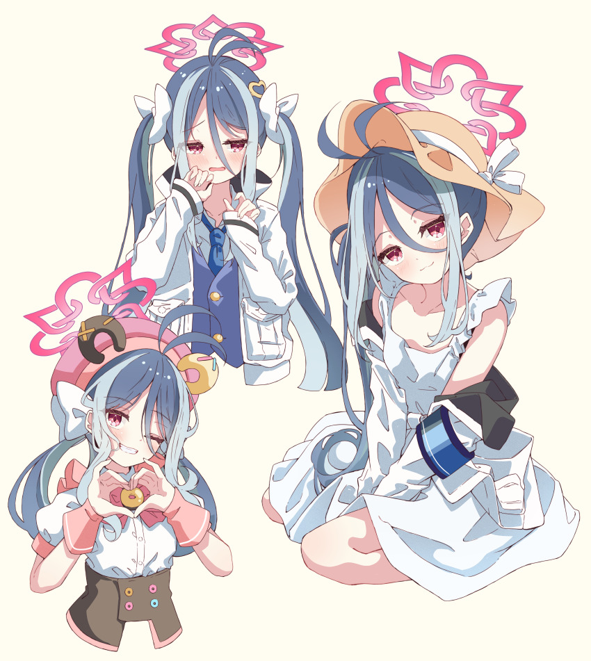 1girl four-finger_heart_hands :3 ;d absurdres alternate_costume alternate_hairstyle antenna_hair bare_shoulders beret blue_archive blue_hair blue_necktie blue_vest blush bow bowtie closed_mouth collarbone collared_shirt commentary donut_print double-parted_bangs dress food_print frilled_dress frills fubuki_(blue_archive) fubuki_(idol)_(blue_archive) full_body grey_hair grin hair_between_eyes hair_bow hair_ornament halo hands_up happy hat head_tilt heart heart_hair_ornament heart_hands highres idol idol_clothes jacket kanikama_acedia long_hair looking_at_viewer looking_to_the_side low_twintails multicolored_hair multiple_views necktie no_headwear official_alternate_costume official_alternate_hairstyle one_eye_closed open_clothes open_jacket open_mouth pink_bow pink_bowtie pink_halo pink_hat pink_wrist_cuffs puffy_short_sleeves puffy_sleeves red_eyes shirt short_sleeves shy side_ponytail sidelocks simple_background sitting sleeveless sleeveless_dress sleeves_past_wrists smile smug streaked_hair sun_hat sundress twintails two-tone_hair upper_body v_arms very_long_hair vest wariza white_background white_bow white_dress white_jacket white_shirt wrist_cuffs yellow_hat
