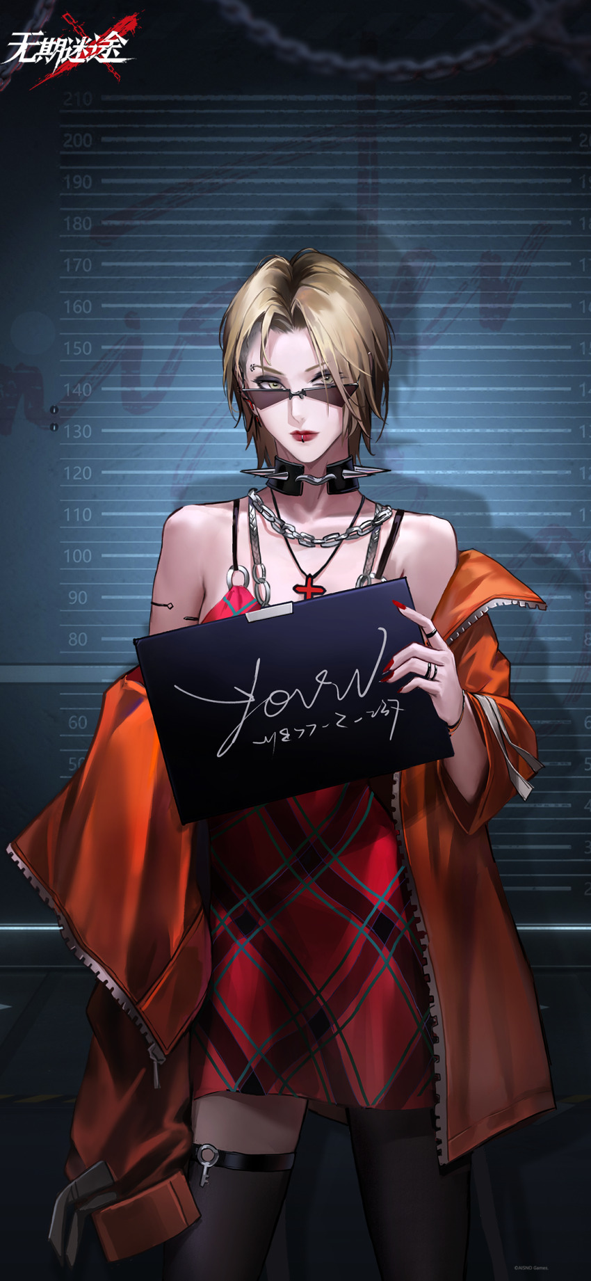 1girl absurdres against_wall asymmetrical_legwear bare_shoulders black_choker black_eyeshadow black_pantyhose black_thighhighs blonde_hair chain chain_around_neck character_name choker copyright_name cowboy_shot cross_pendant dress eyebrow_piercing eyeshadow hand_up height_mark highres holding holding_sign indoors jacket jewelry joan_(path_to_nowhere) lip_piercing logo looking_at_viewer looking_over_eyewear makeup mugshot off_shoulder official_art official_wallpaper open_clothes open_jacket orange_jacket pantyhose parted_bangs path_to_nowhere piercing plaid_clothes plaid_dress prison_cell prison_clothes red_dress red_lips red_nails ring short_hair sign single_leg_pantyhose single_thighhigh solo spaghetti_strap spiked_choker spikes sunglasses thighhighs uneven_legwear yellow_eyes