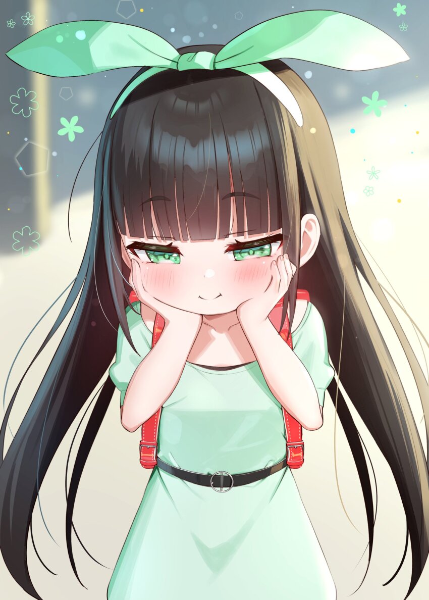 1girl :i backpack bag belt belt_buckle black_belt black_hair blurry blurry_background blush buckle closed_mouth collarbone commentary_request depth_of_field dress green_dress green_eyes green_hairband green_ribbon hair_ribbon hairband hands_on_own_face hands_up highres long_hair looking_down original puffy_short_sleeves puffy_sleeves randoseru ribbon short_sleeves smile solo tsukiman very_long_hair