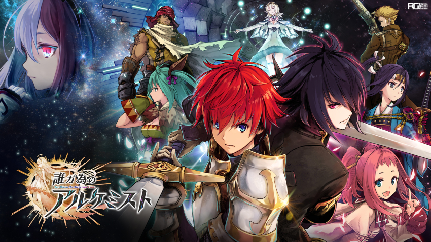 4boys 5girls :d agatha_(ta_ga_tame_no_alchemist) amane_(ta_ga_tame_no_alchemist) arm_tattoo armor blonde_hair blue_eyes breastplate closed_eyes closed_mouth copyright_name dark-skinned_male dark_skin dias_(ta_ga_tame_no_alchemist) edgar_(ta_ga_tame_no_alchemist) eyepatch fang forehead from_behind green_hair highres holding holding_sword holding_weapon kamui_(ta_ga_tame_no_alchemist) lisbeth_finn_lustburg logi_crowley long_hair looking_at_viewer looking_back multicolored_hair multiple_boys multiple_girls muneate muscular muscular_male official_art open_mouth ouroboros_(ta_ga_tame_no_alchemist) pink_hair ponytail purple_hair red_hair second-party_source short_hair shoulder_armor skin_fang smile sword ta_ga_tame_no_alchemist tattoo tina_(ta_ga_tame_no_alchemist) two-tone_hair weapon