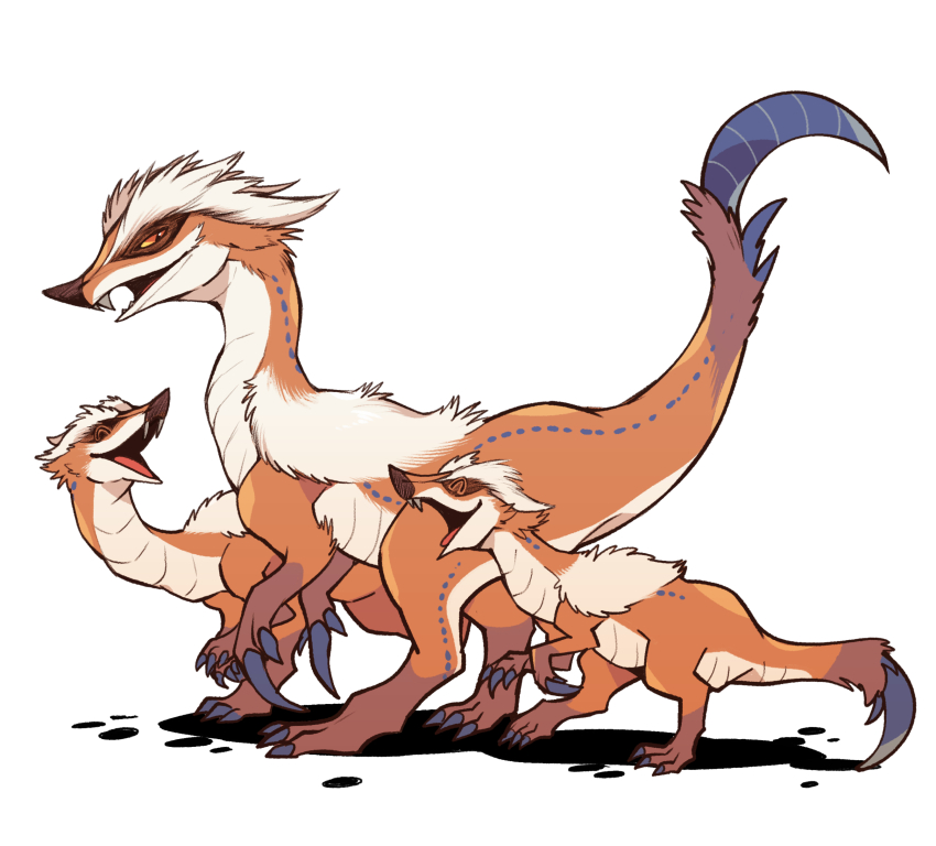 ^_^ absurdres animal_focus claws closed_eyes fangs full_body great_izuchi happy height_difference highres ikuchi_osutega monster monster_hunter_(series) no_humans open_mouth profile raptor simple_background smile tail white_background yellow_eyes