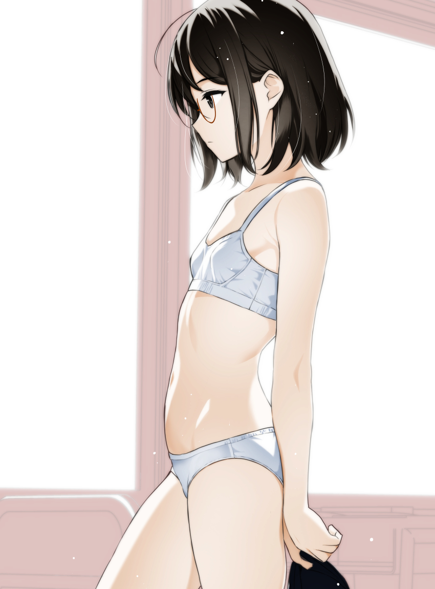1girl absurdres black_eyes black_hair bra breasts cowboy_shot glasses highres holding moonsorrow navel original panties profile short_hair small_breasts solo standing underwear underwear_only white_bra white_panties
